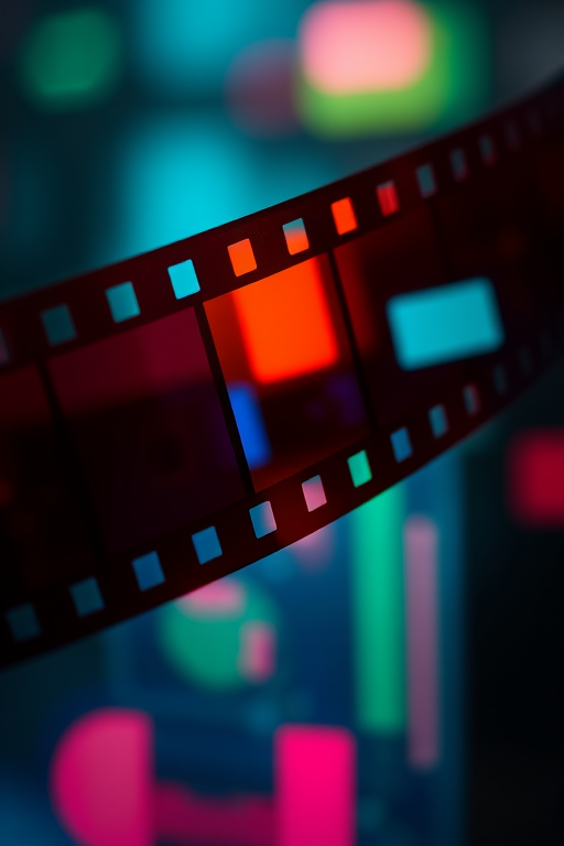 Generate a high-resolution abstract composition featuring a film strip with vibrant color distortions and blocks of color, using a DSLR camera with a 50mm lens, aperture set to f/1.8, ISO 100, and a shallow depth of field for enhanced image quality.