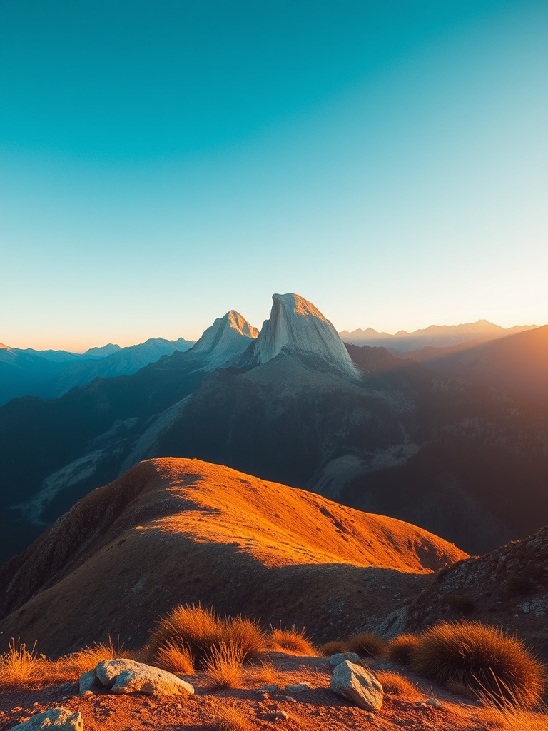 Create a high-resolution image of a serene landscape featuring mountains and a clear blue sky during golden hour, captured with a Canon EOS R5, 35mm lens, f/8 aperture, ISO 100, using a wide-angle perspective for an expansive view.