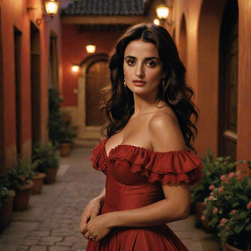 Alluring photograph of Penelope Cruz, celebrated for her performances in "Vicky Cristina Barcelona" and "Volver," capturing her sultry gaze, long dark hair, and full lips, dressed in a flamenco-inspired red dress with ruffles, posed gracefully in a dimly lit Spanish courtyard.
