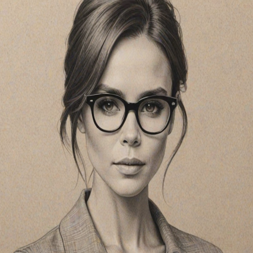Delightful Victoria Beckham, pencil sketch, portrait of Resplendent woman 1926s in glasses, hair style beatnik, outline, clear lines, fine lines, 8k