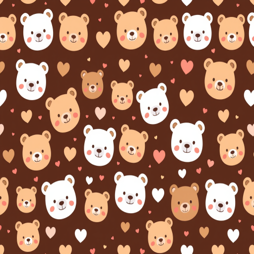 Cute seamless pattern featuring adorable bear faces in various colors including white, light brown, and dark brown on a dark brown background with small hearts and stars scattered throughout. The bears have simple, cartoonish features and a charming, playful vibe.