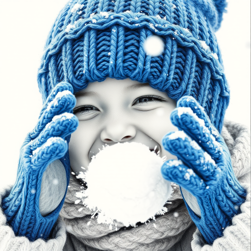 A hyperdetailed photorealistic macro image black and white pencil sketch of a young girl getting hit by a snowball during a snowball fight. She is wearing a brilliant sapphire blue wool beanie and bright blue mittens. She is trying to block the snowball by putting her hands up. The snowball hits her beanie and disintegrates into myriad tiny snowflakes caught with high speed photography. The girl is laughing and having a wonderful time.