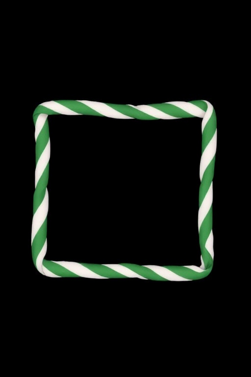 Generate an image of a rectangular frame with a twisted green and white striped border on a black background, using a 50mm lens, f/2.8 aperture, ISO 100, shot from a straight-on perspective with a digital camera.