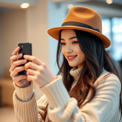 A young woman with long dark hair wearing a brown hat and a cream sweater taking a photo with her smartphone in an indoor setting with soft lighting, shot with a Canon EOS R5, 85mm lens, aperture f/1.8, ISO 400, shallow depth of field, bokeh effect in the background.