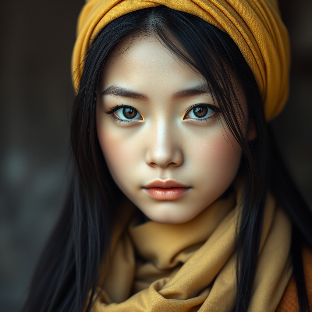 Create a portrait of a young Manchu woman with long, dark hair and captivating hazel eyes. She is wearing a Yellow headscarf and a matching scarf draped gracefully around her neck. The background is softly blurred, focusing attention on her serene and natural expression. The overall color palette is muted and warm, enhancing the intimate and authentic feel of the portrait.