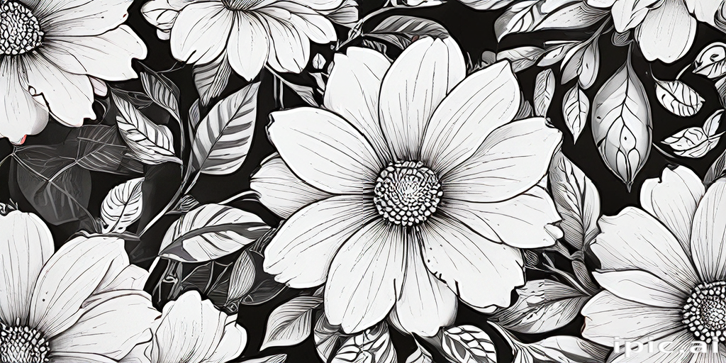 Elegant Black and White Floral Pattern Featuring Large Blossoms and Leaves