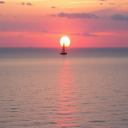 Capture a serene sunset at the ocean with a single sailboat gently floating on calm waters, using a DSLR camera, aperture f/8, shutter speed 1/125s, ISO 100, with a wide-angle view for expansive scenery and soft pastel colors.