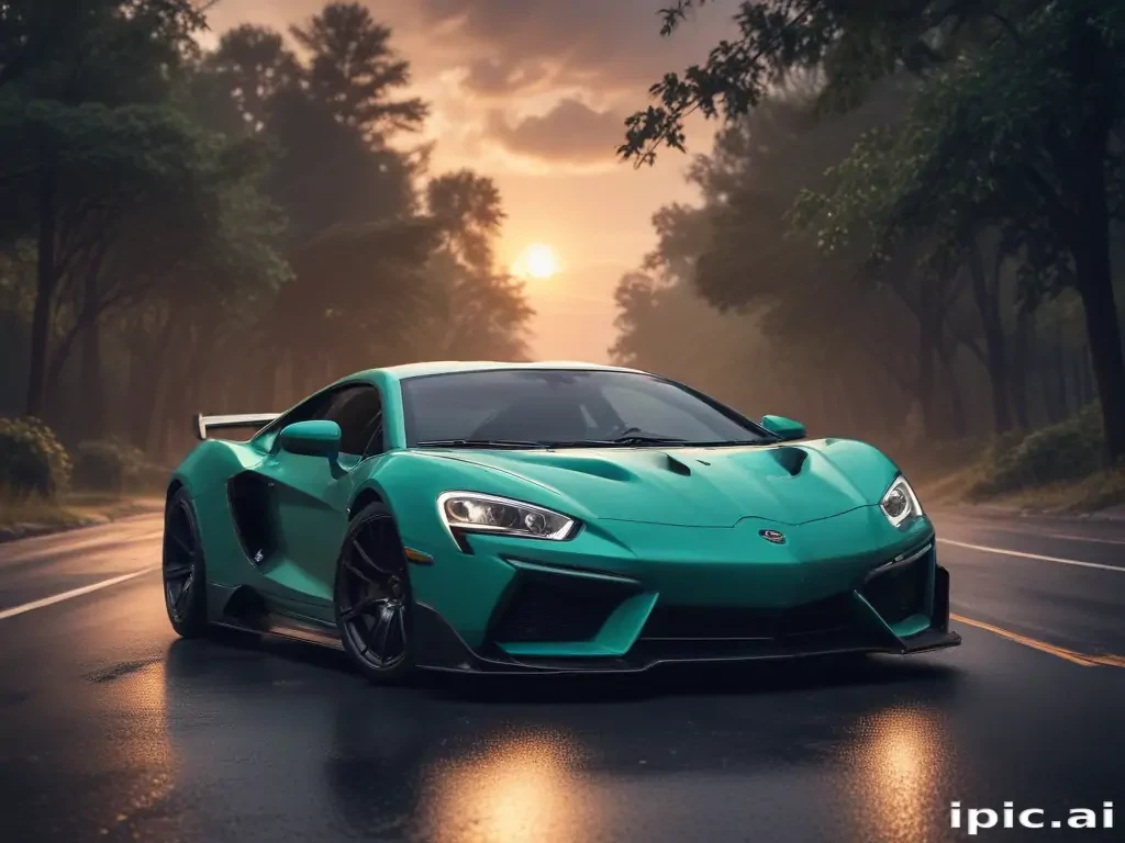 Stunning Teal Sports Car Parked on a Serene Road at Sunset