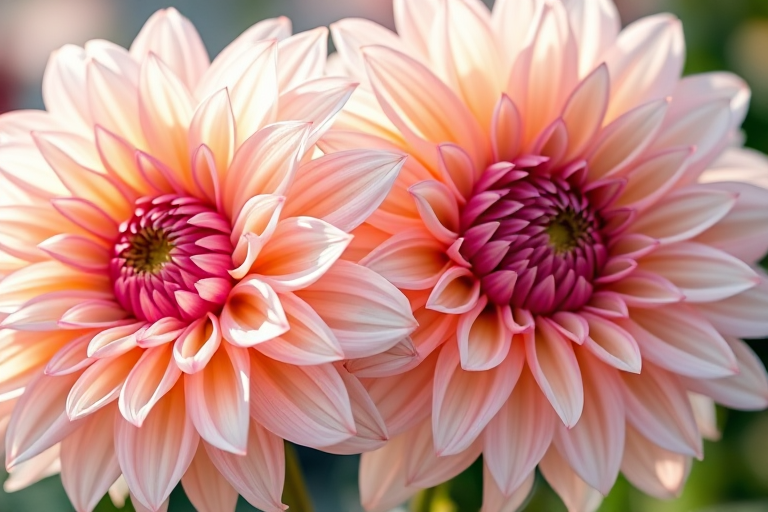 High-resolution close-up of two pale dahlia flowers with intricate petal details, soft focus background, natural sunlight, aperture f/2.8, ISO 100, 50mm lens, macro photography.