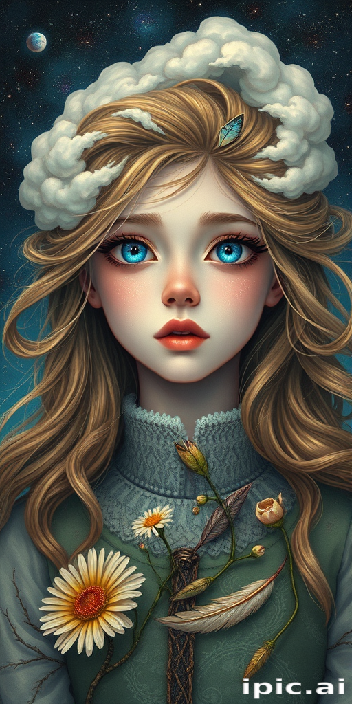 Create a series of imaginative portraits where each subject is infused with elements of fantasy and nature. The hair of the individuals should flow like clouds, varying from soft, fluffy cumulus to wispy cirrus strands, with hints of color reflecting a sunset or a clear blue sky. The eyes should be windows to entire galaxies, with stars, nebulae, and distant planets visible within them. Clothing should be adorned with nature motifs, such as floral patterns that bloom and change, vines that seem to grow and wrap around, or feathers that shimmer with iridescence. Each portrait should capture a unique personality, blending human features with the ethereal beauty of the natural and cosmic world. The backgrounds can vary, from starry night skies to enchanted forests, adding depth and context to the magical realism of the portraits