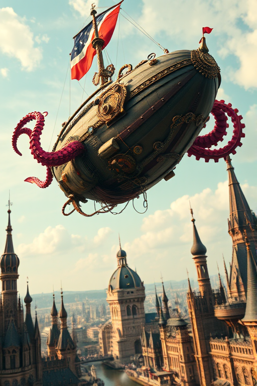 a steampunk octopus airship flying over a fantastical cityscape, highly detailed, vibrant colors, soft focus background, taken with a Canon EOS R5, 24mm f/1.4 lens, ISO 100, aperture f/4, shutter speed 1/250 sec, low angle view, cinematic style