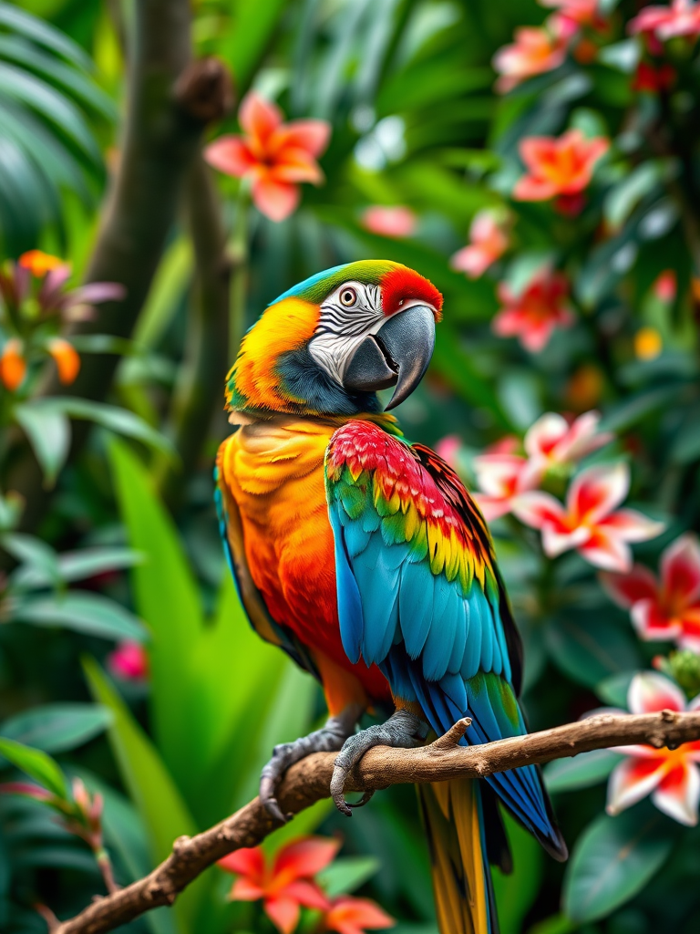 vibrant macaw parrot perched on a branch in a lush tropical rainforest with vivid foliage and colorful flowers, captured with a 50mm lens, f/2.8 aperture, ISO 200, soft natural lighting for enhanced color saturation and depth of field, shot in high-resolution DSLR format