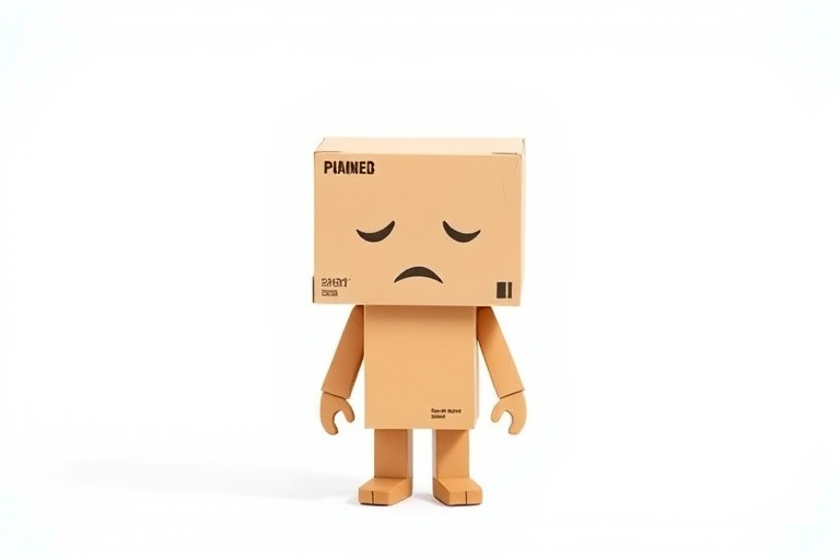Create a 3D cartoon character with a cardboard box head featuring a sad expression, standing in a white, minimalistic environment, shot with a DSLR camera at f/2.8 aperture, 50mm lens, ISO 100, 1/200 sec shutter speed, using a softbox for even lighting.