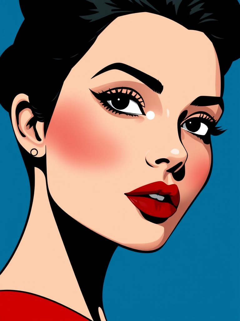 Create a high-resolution digital illustration of a stylized woman with a prominent profile, featuring a bold hairstyle and red lips, against a contrasting blue background, using a DSLR camera with a 50mm lens, aperture set to f/1.8 for a shallow depth of field, and soft studio lighting for enhanced color vibrancy.