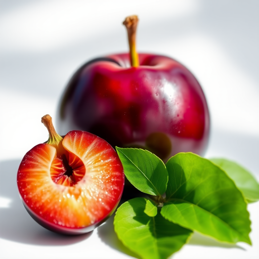 Create a high-resolution digital illustration of a plum and a sliced plum with green leaves, using a soft focus effect with a 50mm lens, f/2.8 aperture, and a shallow depth of field, in bright natural lighting, capturing fine details and vibrant colors.