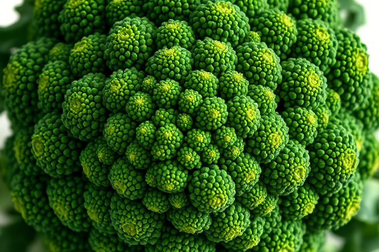 Create a highly detailed illustration of a broccoli head in vibrant green colors, using a DSLR camera with a 50mm lens, aperture set to f/8, ISO 200, shot from a top-down angle with soft natural lighting for enhanced texture and clarity.