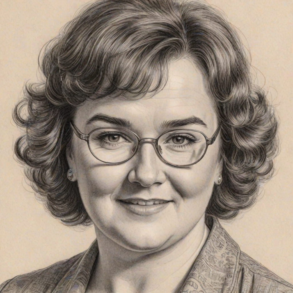 Ravishing Susan Boyle, pencil sketch, portrait of Gorgeous woman 1949s in glasses, hair style beatnik, outline, clear lines, fine lines, 8k