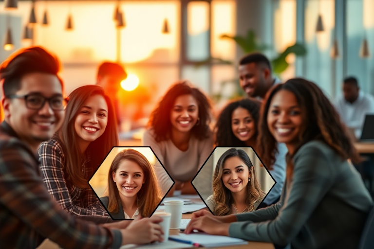 Capture a vibrant office setting with diverse professionals engaged in collaboration using a Canon EOS R5, 24mm f/1.4 lens at f/2.8, ISO 400, shallow depth of field, warm sunset lighting, focus on hexagonal frames of smiling faces with a soft bokeh background.