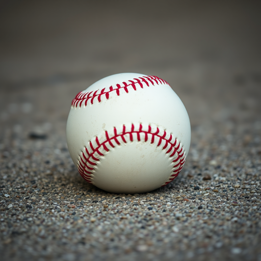 Generate a realistic depiction of a baseball resting on a textured surface, shot with a Canon EOS R5, 50mm lens, f/2.8, ISO 100, natural lighting, centered composition, with a shallow depth of field to enhance detail and focus on the stitches of the baseball.