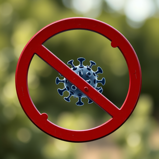 Create a high-resolution image of a circular "no" symbol featuring a stylized virus illustration inside, using a DSLR camera with a 50mm lens, f/8 aperture, ISO 100, and natural lighting to enhance detail and clarity, shot from a front view.