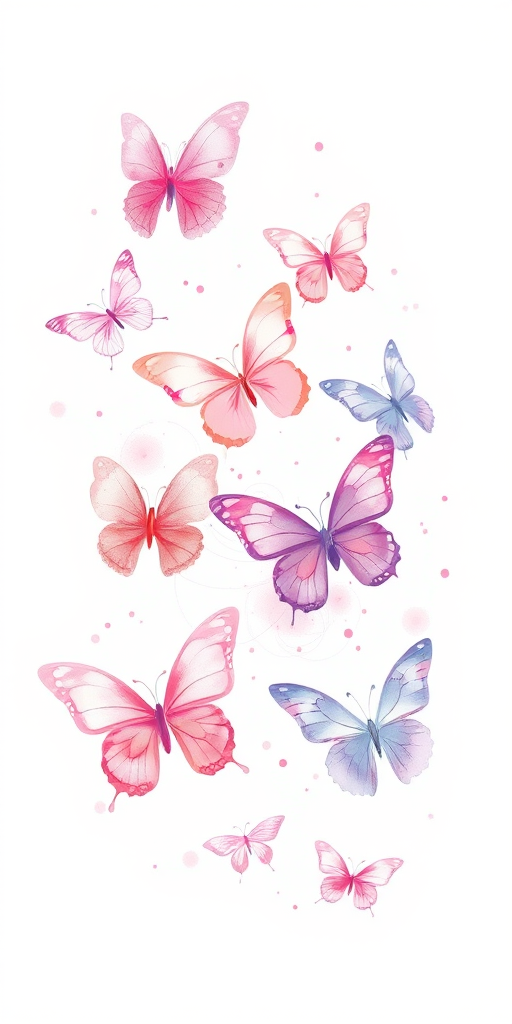Create a whimsical and delicate illustration featuring a variety of butterflies in soft pastel colors. Include shades of pink, purple, and light blue, with some butterflies appearing translucent. Add subtle splashes of color and gentle swirling lines to enhance the airy and dreamy atmosphere. The background should be white to emphasize the butterflies and their graceful movement.