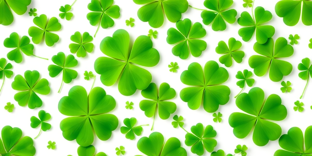 create a seamless pattern of varying sizes of green four-leaf clovers on a white background