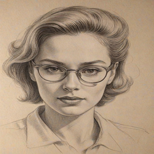 Fascinating Sofia Vassilieva, pencil sketch, portrait of Wonderful woman 1947s in glasses, hair style beatnik, outline, clear lines, fine lines, 8k