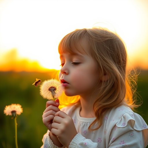 Create a high-resolution image of a young girl blowing dandelion seeds into the warm sunset, with a bee hovering nearby, captured with a Canon EOS R5, 50mm f/1.2 lens, aperture at f/2.8, ISO 200, and a shallow depth of field for a dreamy background.