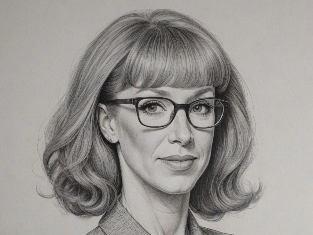 Wonderful Kathy Griffin, pencil sketch, portrait of Splendid woman 1979s in glasses, hair style beatnik, outline, clear lines, fine lines, 8k