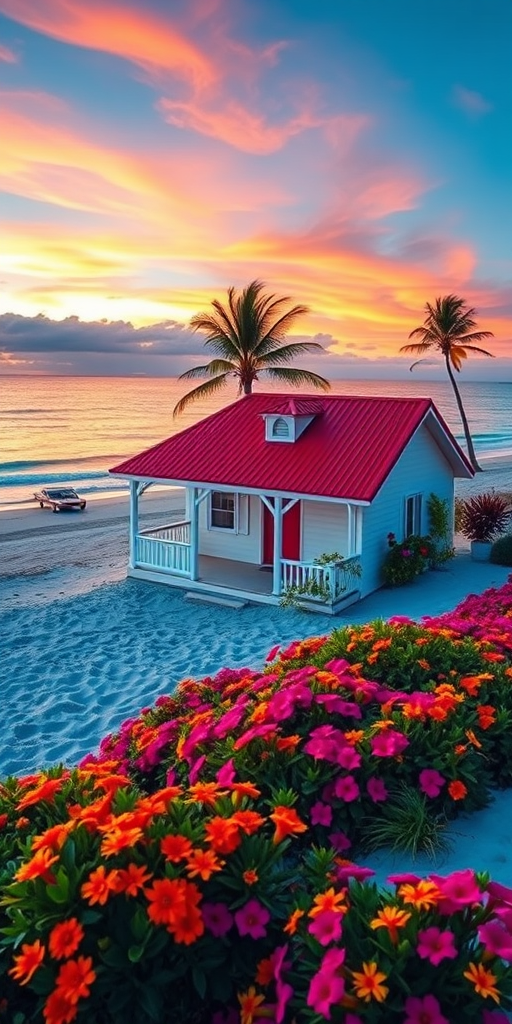 Create a vibrant beach scene featuring a charming house with red roof, surrounded by colorful flowers and palm trees, captured at sunset with a wide-angle lens, f/8 aperture, ISO 100, and a Canon DSLR for high detail and vivid colors.