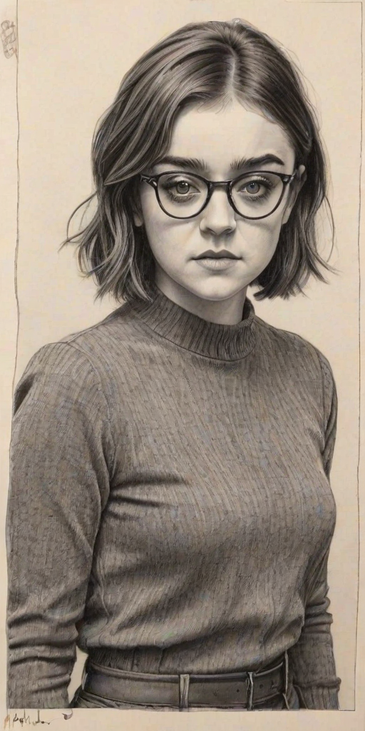 Exquisite Maisie Williams, pencil sketch, portrait of Sublime woman 1974s in glasses, hair style beatnik, outline, clear lines, fine lines, 8k