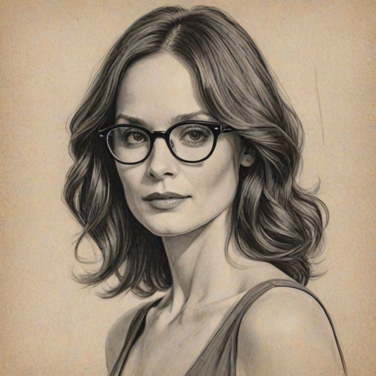 Gorgeous Sarah Wayne Callies, pencil sketch, portrait of Fascinating woman 1922s in glasses, hair style beatnik, outline, clear lines, fine lines, 8k