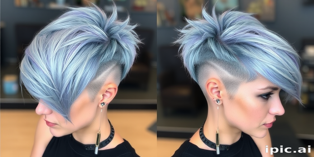 Edgy hair style exhibiting a bold asymmetrical pixie cut with shaved sides and a longer textured top in a striking silver-blue hue