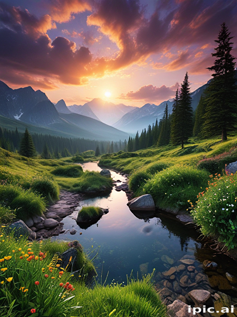 Serene Mountain Landscape at Sunset with Flowing Stream and Lush Greenery