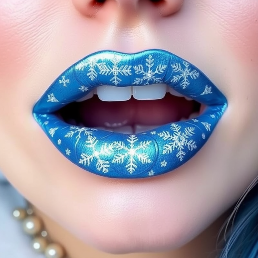 Icy blue lips with snowflake designs in silver, titled "Frost Queen," create a wintry and magical look with a metallic finish for holiday parties and winter wonderland themes