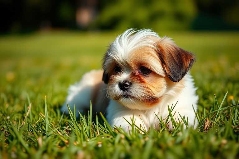 A fluffy Shih Tzu puppy resting on green grass in a sunny outdoor setting, captured with a Canon EOS R5, 50mm f/1.2 lens, aperture f/2.8, shutter speed 1/200s, ISO 100, shallow depth of field, soft natural light.