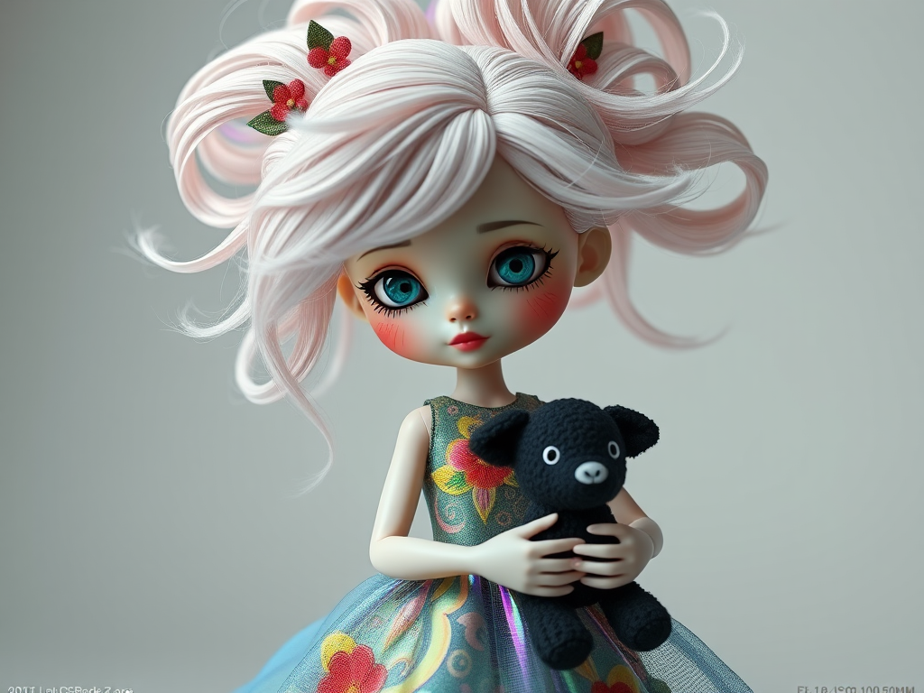 Create a highly detailed 3D rendering of a whimsical doll character with elaborate hair, wearing a colorful iridescent dress adorned with floral patterns, holding a small black stuffed animal, shot with a DSLR camera at f/1.8 aperture, ISO 100, 50mm lens, in a well-lit studio setting to enhance colors and textures.