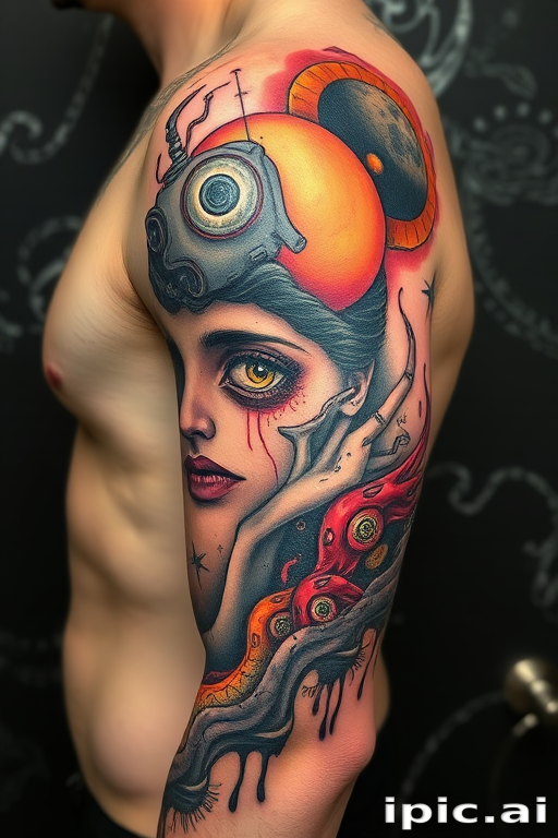 Surrealist tattoo named "Dreamscape Fusion" blending bizarre imagery and distorted proportions with a mix of color and black ink creating a thought-provoking and visually striking piece