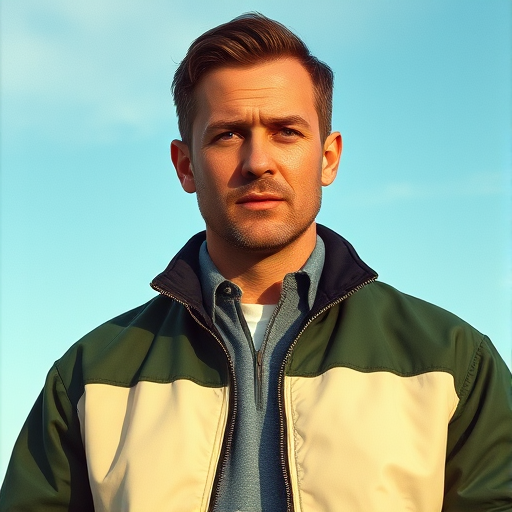 Regenerate a portrait of a confident man in a cream and dark green jacket, outdoors with a clear blue sky in the background, using a 50mm lens, aperture f/1.8, ISO 100, and soft natural lighting, shot with a vintage film camera style.