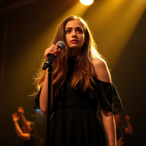 A young woman with long, flowing brown hair is standing in the center of the frame, holding a microphone in her right hand, and looking slightly off to the right side of the frame. She is wearing a black, off-the-shoulder dress with delicate lace detailing. The lighting is warm and dramatic, creating a spotlight effect on the singer. There are other figures in the background, blurred and out of focus, suggesting a concert or performance setting. The camera angle is low, capturing the woman from the waist up. The overall atmosphere is intimate and captivating.