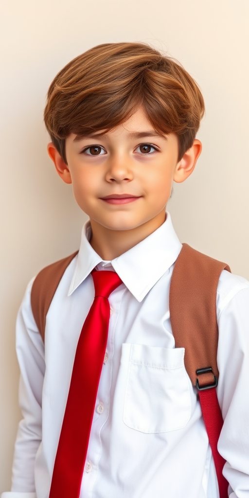 a young boy with brown hair wearing a white shirt and a red tie, holding a backpack, standing against a plain background, portrait style, DSLR camera, 50mm lens, ISO 100, aperture f/1.8, natural lighting