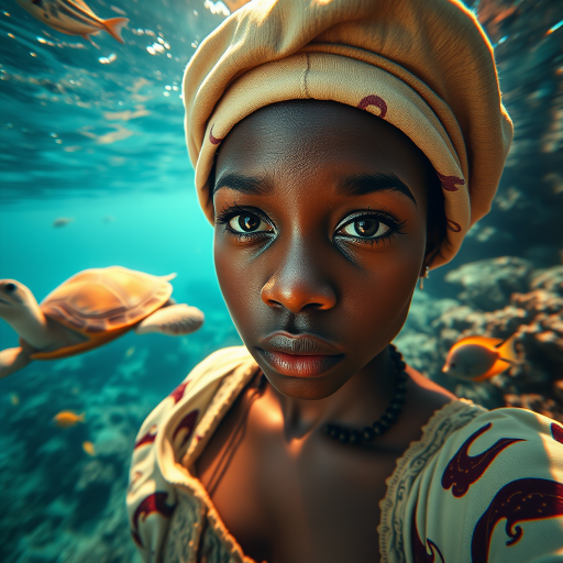 Realistic selfie image of a Creole, wearing a vintage outfit, detailed dreamy eyes, droopy hooded eyes, staring at the camera, taken underwater at coral reef with a sunbeam filtering through the water, vibrant, summer vacation, natural lighting, turtle and school of tropical fish with vibrant colors, rendered in the style of CryEngine, Pegi Nicol MacLeod, with realistic genre scenes, hauntingly beautiful narratives, ultra-realism, and Thomas Saliot's close-up technique, 8K resolution, crystal clear and sparkling water.