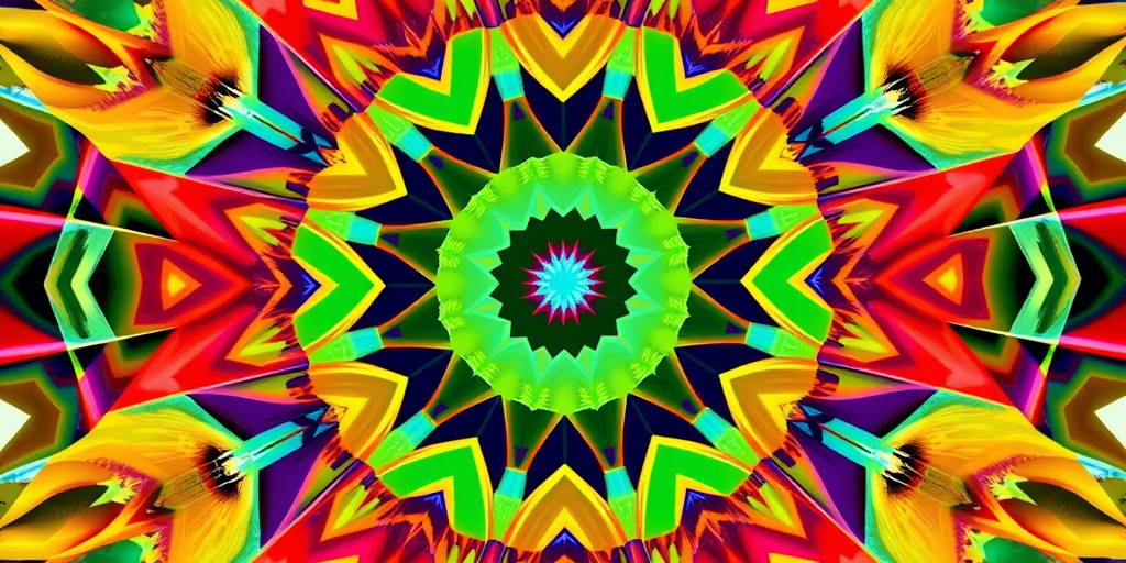 Generate an intricate and colorful geometric pattern with sharp lines and vivid colors, using a DSLR camera at f/8 aperture, ISO 200, and a shutter speed of 1/60 sec from a top-down view.