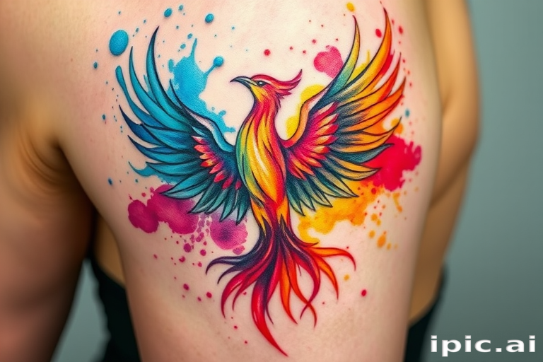 Abstract watercolor tattoo showcasing splashes of vibrant colors forming a phoenix rising from ashes, with loose, expressive brushstrokes, named "Rebirth in Color"