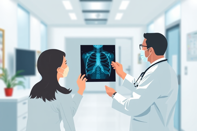 a doctor showing an x-ray to a patient in a modern clinic, flat design style, high detail, 35mm lens, aperture f/2.8, ISO 100, soft lighting, focus on characters, minimal background noise