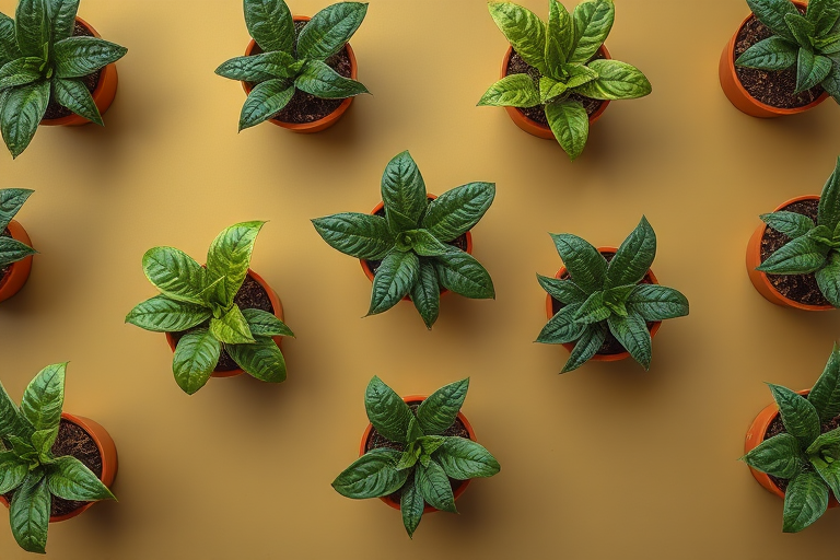 create a seamless pattern of potted plants with detailed green leaves on a muted olive background, shot with a Canon EOS R5 at f/8, ISO 100, 50mm lens, top-down view, soft natural lighting