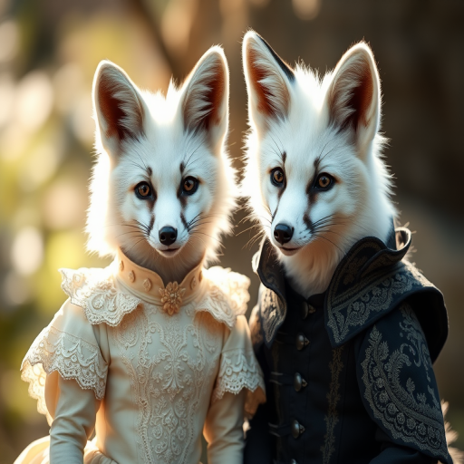 Create an image of two elegant white foxes wearing ornate historical costumes with intricate lace and dark fabrics, captured in soft natural light, using a DSLR camera with a 50mm lens, aperture set to f/2.8, ISO 100, and a shallow depth of field for a dreamy background effect.