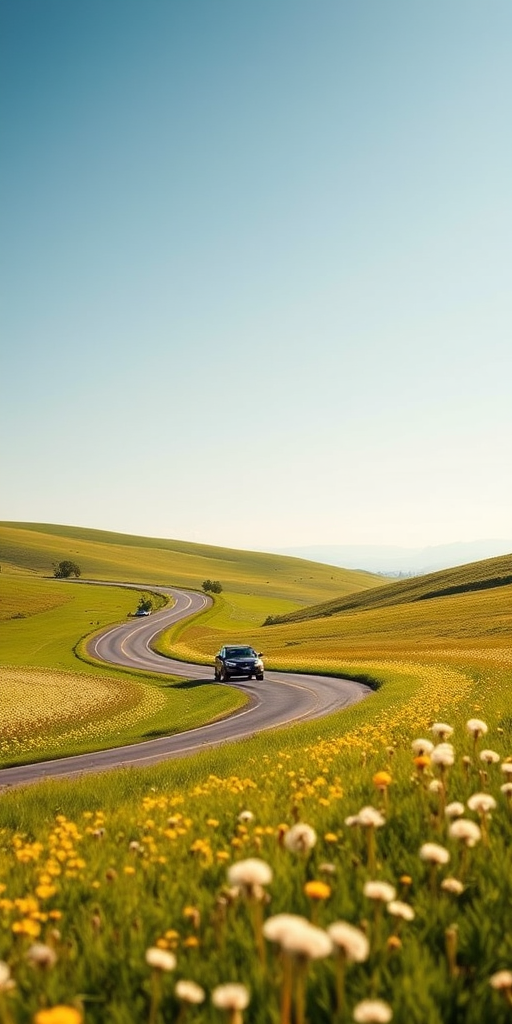 Regenerate a vibrant landscape scene featuring a winding road with a car driving through a green field dotted with dandelions, captured with a DSLR camera at f/8 aperture, 1/200 sec shutter speed, ISO 100, wide-angle lens, and a sunny, clear blue sky.