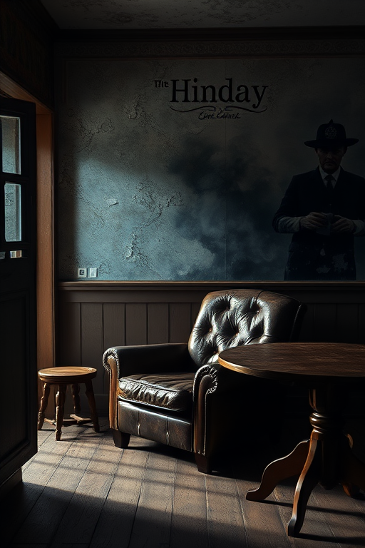 Create a dimly lit interior scene featuring a distressed leather armchair and a wooden table in a room with peeling wallpaper and a smoky mural, shot with a Canon EOS R5, 24mm lens, f/2.8 aperture, ISO 200, 1/60 sec shutter speed, using soft natural light from a nearby window to enhance shadows and textures.
