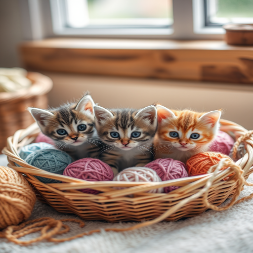 A cozy scene with three adorable kittens in a woven basket surrounded by colorful balls of yarn, soft natural lighting from a nearby window, captured with a DSLR camera at f/2.8 aperture, 50mm lens, ISO 200, shot from a slightly elevated angle to focus on the kittens' faces and textures.